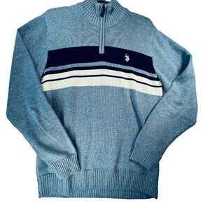 US Polo Assn Mens Pullover Sweater Blue Stripe 1/4 Zip Med Horse Logo L/S